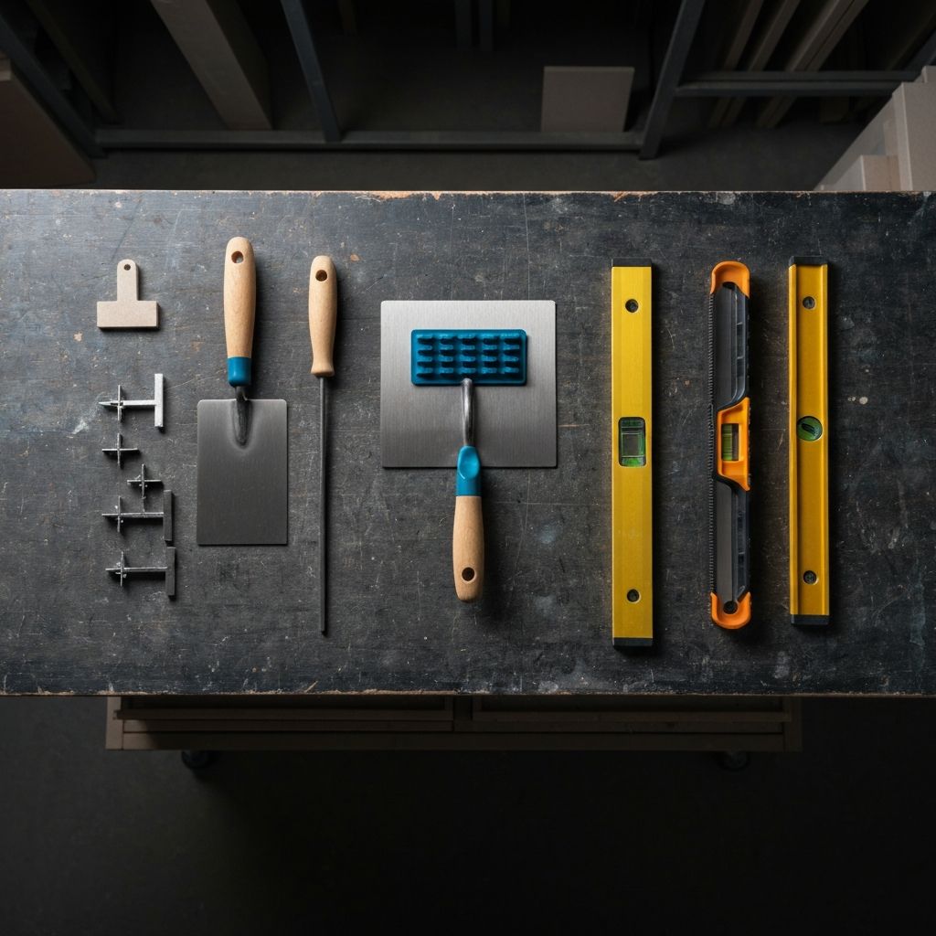 Professional tile installation tools laid out on a workbench