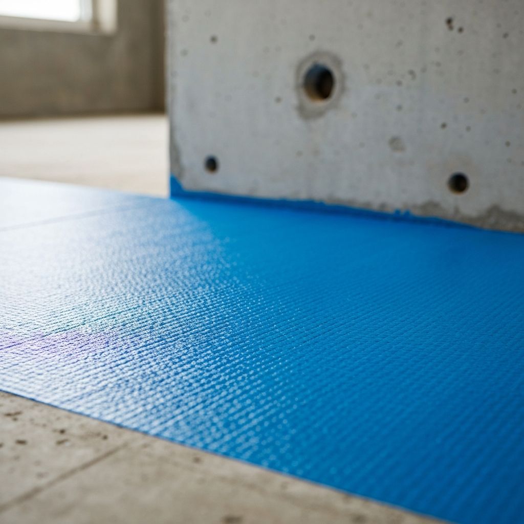 Blue waterproofing membrane applied to a concrete floor substrate in a wet area